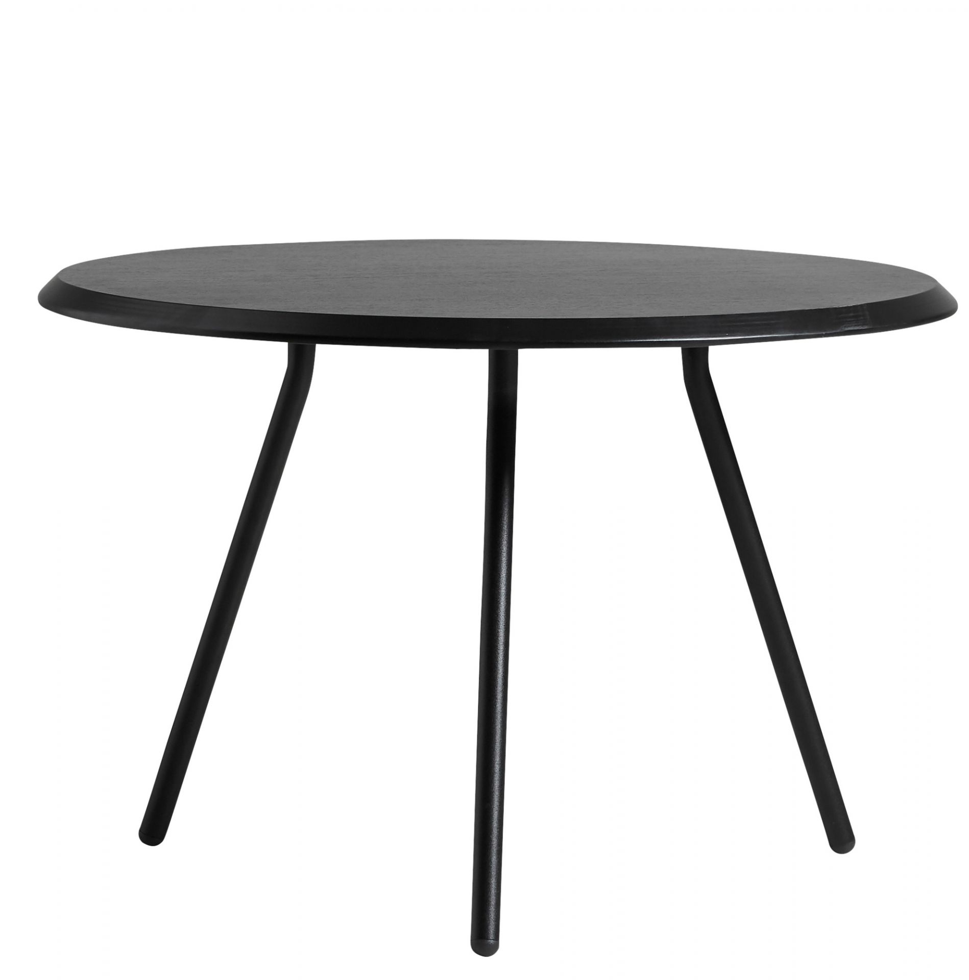 Schwarzer Soround Couchtisch von Woud, runder Tisch mit drei Beinen, modernes Design.
